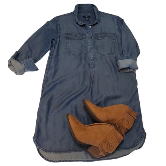 GAP Lightweight Blue Denim Long-Sleeve Collared Flap Pockets Shirt Dress Size XS - Picture 2 of 7
